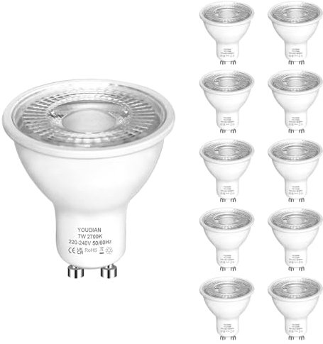 YOUDIAN GU10 LED Spotlight Bulbs 7W,Warm White 2700K,500LM,Energy Saving GU10 LED Light Bulbs,Equivalent 50W Halogen Spot Light Bulbs,Non-dimmable,220-240V,Pack of 10