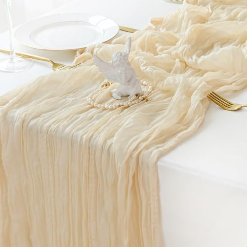 Sioloc 1 Stück Beige Mulltuch Tischläufer 90x300 cm Boho Gaze Läufer für Herbstdeko, Hochzeit, Party, Baby Bridal Shower, Geburtstags Tischdekoration