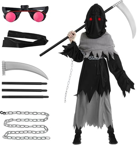 Disfraz de Parca para Niños: Segador Muerte de Halloween Fantasma Espeluznante con Túnica de Carnaval con Guantes de Hoz Gafas Luminosas de Cadena (S (5-7 años))