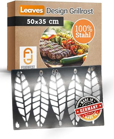 Feuerfest 123 Design Grillrost Leaves I 50x35 cm I Hochwertiges Grillgitter aus Stahl I Massiver Kohlerost mit 4mm Stärke I Gitterrost für Grillkamin, Gas- & Kohlegrill I Grill-Rost aus Handarbeit