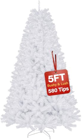 5ft White Artificial Christmas Tree – Premium Bushy Xmas Tree with 580 Branch Tips, Full Dense Fake Silver Pine Tree Easy to Assemble, Indoor Holiday Decoration with Metal Stand