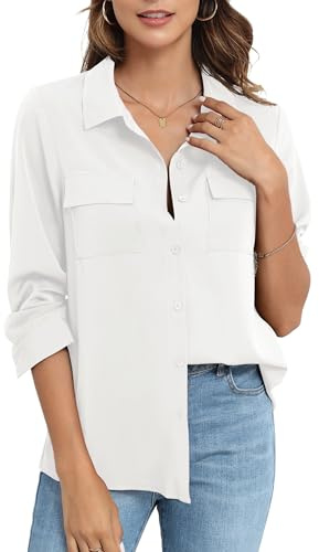 TIANZHU Dam höst långärmad chiffongblus business casual krage knappar med fickor, Vitt, S
