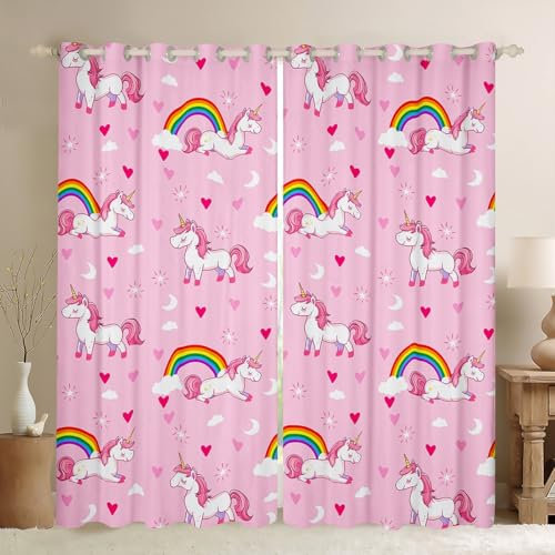 Homewish Regenbogen Einhorn Verdunkelungs Vorhänge 30-50% 140Bx175L für Kinder Vorhänge für Mädchen Rosa Cartoon Einhorn Vorhänge,Liebe Herz Fenster Vorhänge 2 Panels für Schlafzimmer