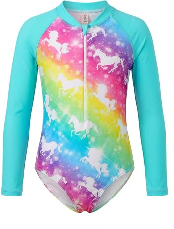 JiAmy Costume da bagno per ragazze a maniche lunghe con motivo di protezione solare, costume da bagno intero per ragazze, scollo rotondo con cerniera, rashguard per bambini da 3 a 12 anni