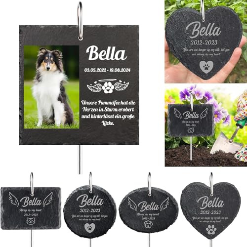 MJARTORIA Personalisiert Tiergrabstein Grabstein Hund Katze Grabplatte Grabstecker mit Gravur, Individuelles Grabschmuck Wetterfest Herz Grab Gedenkstein mit Namen Datum(Schwarz Quadrat mit Foto)