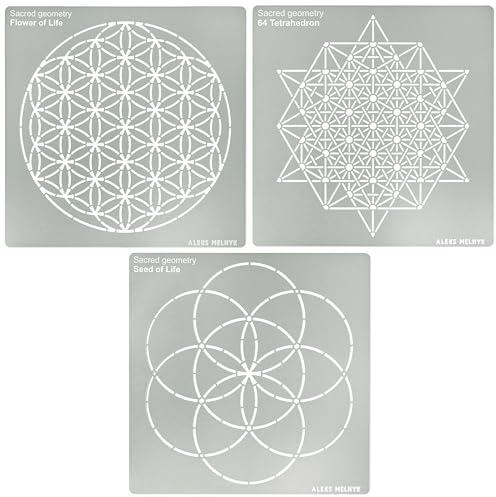 Aleks Melnyk No.488 Metal Stencils, Sacred Geometry Figures, Flower of Life Version, 64 Tetrahedron, Seed of Life, 3 PCS, Template for Wood Burning, Engraving