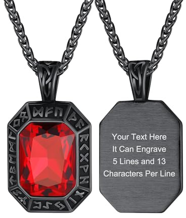 ChainsHouse Herren Damen Rune Kette mit Gravur Wikinger Rune Anhänger | Edelstahl Halskette mit Onyx/Rubin/Smaragd/Saphir Stein, Schutz Amulett Schmuck, Geschenk für Geburtstag Jahrestag