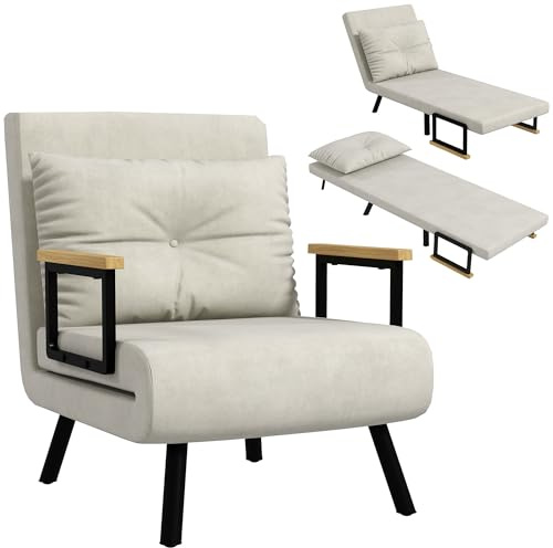 HOMCOM Silla Cama 4 en 1 con función de Dormir 183x63cm Crema Blanco | Plegable, respaldo ajustable 5 niveles, cojín lumbar, aspecto aterciopelado, para salón