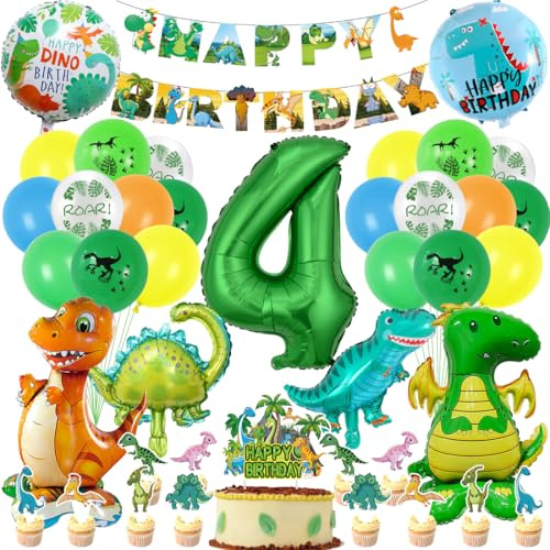Dino Geburtstag Deko 4 Jahre Jungen, Dinosaurier Geburtstagsdeko, XXL Dino Folienballons mit Luftballon 4, Dino Kuchen Deko, Happy Birthday Girlande für Dino Party Dschungel Deko Kindergeburtstag