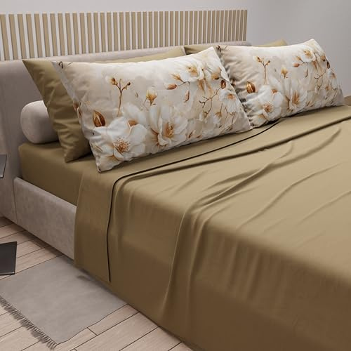 PETTI Artigiani Italiani - Parure de Draps en Coton pour Lit 1 Place et Demi avec Taies d'oreiller et Drap Housse 120x200, Motif Floral 12 Taupe, 100% Fabriqué en Italie
