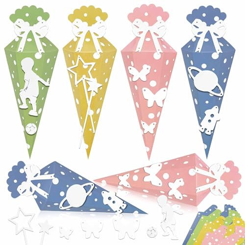 LYLIDIA Schultüte Klein 26cm, 12 Stück Zuckertüte Kleine Geschwister Schultüte zum Befüllen 4 Muster Geschwisterschultüte Bastelset für die Einschulung zum Schulanfang & Geschenkverpackung