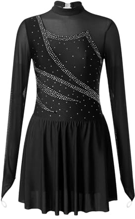 YXADGML Tanzkleid Damen Eiskunstlaufkleider Performance Strass Ballett Tanz Trikot Kleid Transparentes Netz Langarm Eislaufen Kostüme(Black,L)
