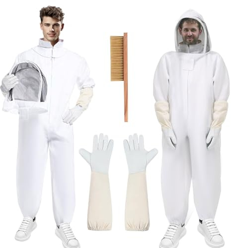 Bee Suit Sting Proof, Polycotton Beekeeping Suit Beekeeper Costume&with Glove, Brush &Ventilated Hood, Bee Outfit for Backyard and Beekeeping Supplies