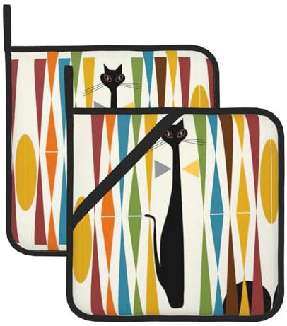 Lot de 2 maniques en forme de chat - 20,5 cm - Résistantes à la chaleur - Pour griller, micro-ondes et barbecue
