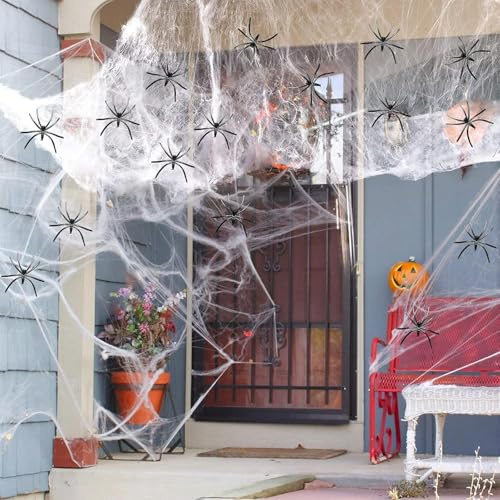 KQOZG 200g Dehnbare Spinnennetze & 30 Künstliche Spinnen Halloween Deko Set - Perfekt für Innen/Außen, Garten, Tür, Fenster, Häuser, Spukhaus & Partyzubehör - Schaurige Atmosphäre für Ihre Feier
