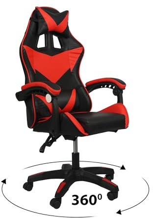 Grennswick ​​Ergonomic Gaming Chair Adjustable Lumbar Support & Headrest - Reclining Office Computer Chair, 360° Swivel PU Leather Racing Seat for Long Sessions​ (Black+red)