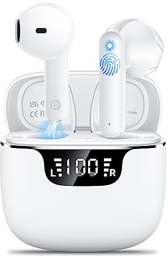 Ecouteurs Bluetooth sans Fil, kauguo Écouteurs sans Fil 5.4 avec 4 ENC Réduction Antibruit Mic HiFi Stéréo IPX6 Étanche 42H Durée Écran LED Oreillette Bluetooth Contrôle Tactile pour iOS Android Blanc