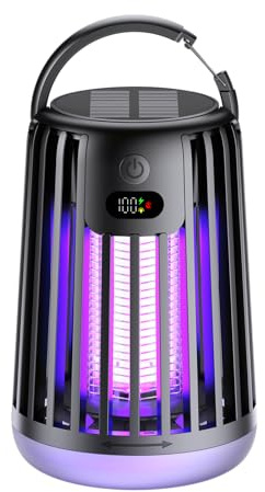 Matamoscas eléctrico recargable solar y USB-C de doble onda UV, trampa portátil para mosquitos con linterna para interiores y exteriores, hogar, jardín, camping (negro)