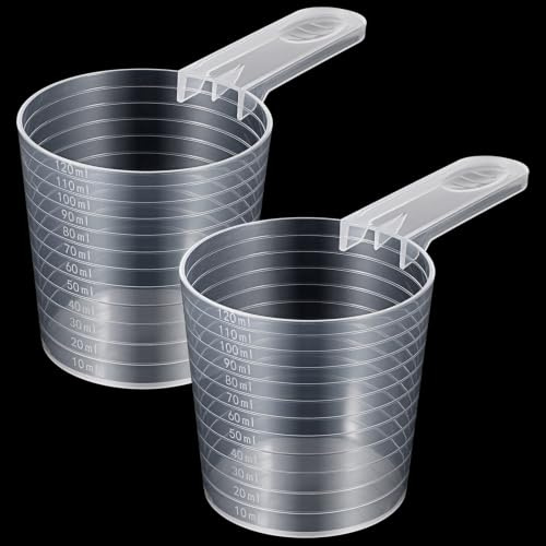 Set di 2 misurini in plastica, misurini da 120 ml, set di misurini dosatori, ausilio dosatore per detersivo, piccolo detersivo in polvere, trasparenti, con scala graduata, per cuocere al forno, cucina