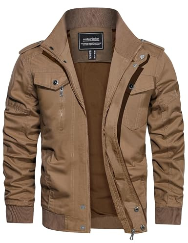 CRYSULLY Men's Casual Lightweight Long Sleeve Full Zip Up Jackets With Shoulder Straps Cotton Bomber Coat