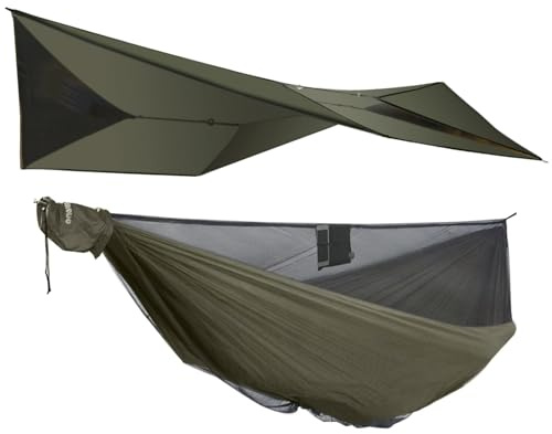 onewind Campinghängmatta med regnfluga och insektsnät bärbar lätt 3,4 m dubbel hängmatta med 12 fot ultralätt silnylonpresenning och myggnät Ridgeline 30 cm trädremmar för camping vandring backpacking