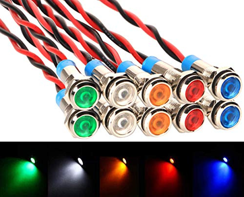 Gebildet 10pcs 6mm 1/4 AC/DC 12-24V LED Energy Saving Metal Indicator Light Waterproof Signal Lamp with Wire(Green/Yellow/Red/Blue/White)