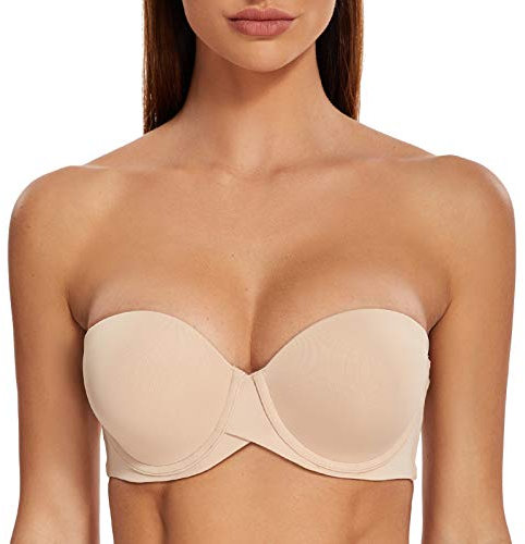 MELENECA Women's Push up Strapless Bras with Lift Stay Put Padded Cup Beige 36F