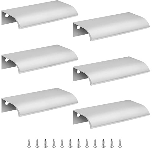 Cjueiom Concealed Kitchen Cupboard Handles, 80mm, Silver, 6 Pack | 64mm Hole Center, Hidden Drawer Pulls, Finger Edge Pull, Aluminum, Invisible Door Knob for Wardrobe
