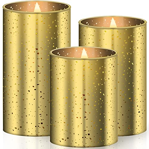 KESSER® LED Kerzen 3er Set Flammenlose Kerze Timerfunktion Timer Dimmer Echtwachskerze 10cm, 12,5cm,15cm Hoch Realistisch Flackernde Flacker-Licht Led-Flammen Echtwachs Deko Gold