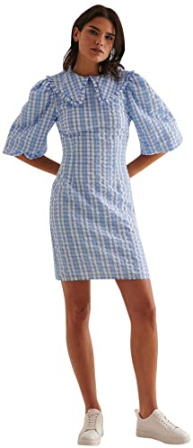 NA-KD Mini Vestido Casual de Manga de Bola para Mujer, Azul Cheque, 34
