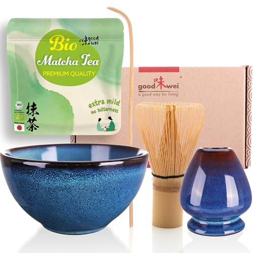 Goodwei Juego de Matcha - 30g Té Matcha Biológico Japonés, Cuenco Ceremonial, Batidor y Soporte (Safaia)