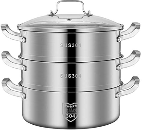 GLJAN 2 Etagen Dampfgarer Kochtopf aus Edelstahl mit Dampfkorb zum Kochen von Speisen für Gas elektrische Induktion Spülmaschinenfest (Color : Silver(3 Layer), Size : 32cm)