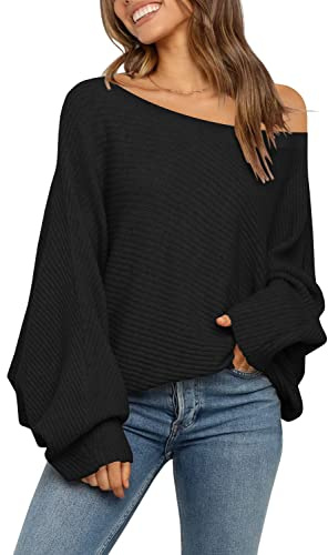 Mafulus Damen Oversized Crewneck Sweater Batwing Puff Long Sleeve Cable Slouchy Pullover Jumper Tops, 2-Off Shoulde Schwarz, Klein