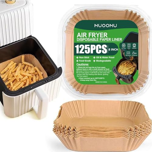 Air Fryer Disposable Paper Liners Square, Non-Stick Parchment, AirFryer Accessories for Baking Microwave Oven Frying Pan, Oil Proof, Water Proof (125PCS, 8inch)