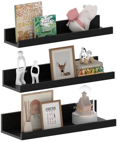 EXYGLO 40cm Lang Wandregal Schwarz, Rustikale Schweberegal Bilderleiste für Wohnzimmer, Küche, Kinderzimmer oder Schlafzimmer, 3 Stück mit Verschiedenen Größen