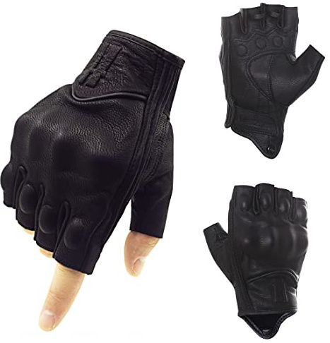Harssidanzar Mens Gloves Half Finger Goatskin Leather Motorcycle Gloves GM037UK, Black,Size L