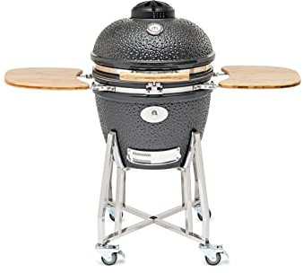 FLAME ROCK Keramikgrill Kamado Grill 22 G Pro - Holzkohlegrill mit Bambusablage, Deckelthermometer, effiziente Hitze-Isolierung, Fiberglas-Dichtung, dunkelgrau, 22