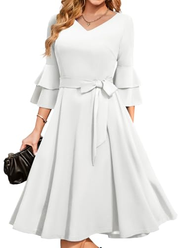 DRESSTELLS Women's Cocktail Dress 2026, Modest Midi for Church, Easter Brunch and Spring Wedding Guest, Flowy A-Line with 3/4 Bell Sleeves White L