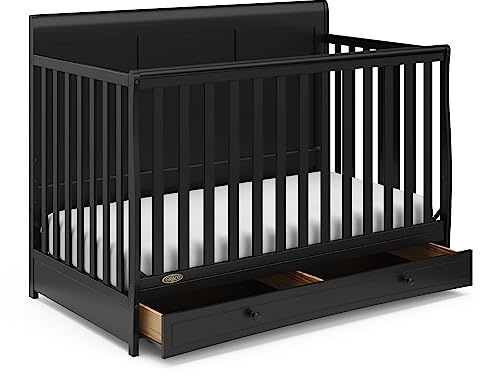 Graco Asheville 5-in-1 Convertible Crib with Drawer – GREENGUARD Gold Certified, Crib with Drawer Combo, Full-Size Nursery Storage Drawer, Converts to Toddler Bed, Daybed and Full-Size Bed (Black)