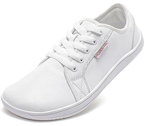 HOBIBEAR Minimalist Shoes for Men Women Wide Toe Barefoot Zero Drop Shoes Leather Fashion Sneakers Walking Shoes White