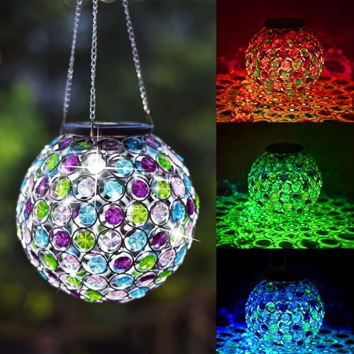 Solar Hanging Lantern Outdoor Lights, Dual LEDs Color Changing and Cool White Hanging Light Waterproof Crystal Globe Lamp Decoration in Garden, Pathway, Front Door - Multi Color