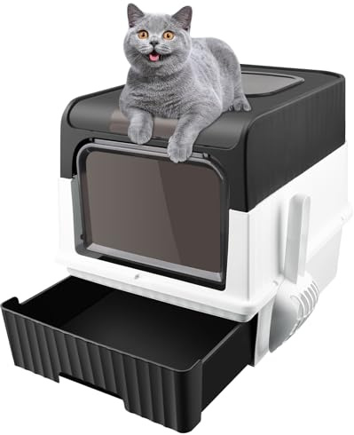 Bandeja de arena para gatos, Arenero Cubierto, Arenero Tapado, bandeja de arena plegable, capacidad de carga 15 kg, antihuellas, antifugas (negro, C, 49 x 37 x 35 cm)