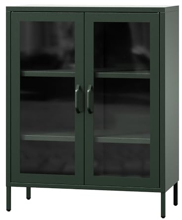 Jan Nowak Vetrina Soggiorno in Metallo 2 Ante - GINA | 2 Ripiani Regolabili, Vetro Temperato | Vetrina Espositiva Scintillante, Libreria con Ante in Vetro | 80 x 101,5 x 40 cm | Verde Scuro