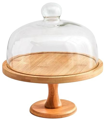 Peosaard Cake Display Stand, Cake Stand 10 Inch Wooden Cake Stand with Clear Glass Lid Detachable Cake Dome Multi-functional Cake Holder for Party Cake Dessert Cheese Fruit Display and Storage