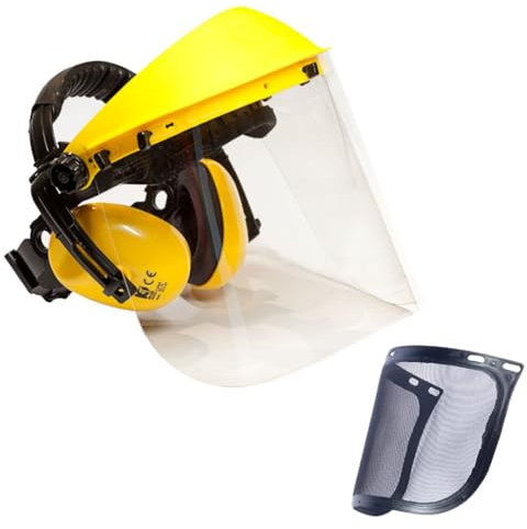Viwanda Pro Gesichts- Gehörschutz Premium Set, 4-teiliges Set mit Gehörschutz, Polycarbonatvisier und Maschenvisier, gelb, ca. 40x20 cm