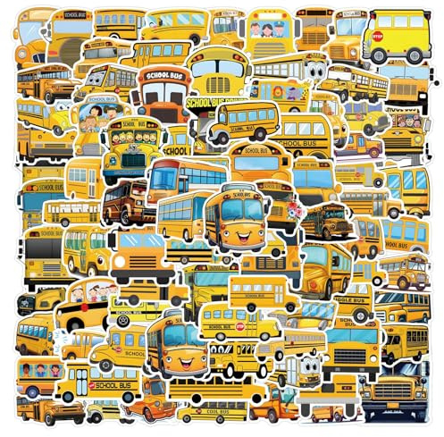 Affoto Cartoons Schulbus Aufkleber für Laptop(100PCS),Geschenk für Kinder Jugendliche Erwachsene Jungen,School Bus Wasserdicht Vinyl Aufkleber Stickers für Scrapbook,Skateboard,Auto,Gepäck