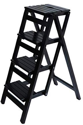 Klappbarer Tritthocker aus Massivholz mit 4 Stufen für Küche Büro Multifunktionaler Schwarzer Holzleiter Stuhl und Regalleiter