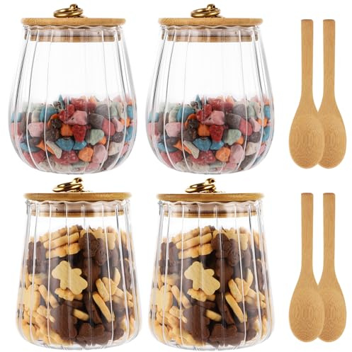 MIVIDE 4 Pcs Bocaux en Verre avec Couvercle, 650ml Pot en Verre avec Couvercle Bois et Cuillère, Bocaux de Conservation en Verres Hermétique pour Biscuits, Bonbons, Céréales, Fruits Secs