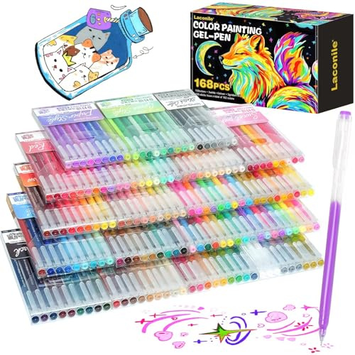 Laconile 168 Colours Gel Pens Set (19 Pack) – Gel Pens with 0.65MM Fine Tip for Colouring, Precise Work & DIY – Gel Pen for Adults – Colourful Pens for Art, Scrapbooking & Card Making
