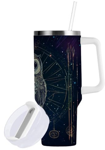 linqin Aesthetic Owl - Vaso aislado al vacío con pajilla, resistente a fugas, botella de agua de 30 onzas con correa, taza de boca ancha con asa para agua, té helado o café